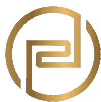 a gold letter p inside of a gold circle on a white background