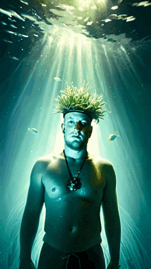 a shirtless man with a sea anemone on his head is underwater