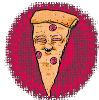 a cartoon drawing of a slice of pizza with a face