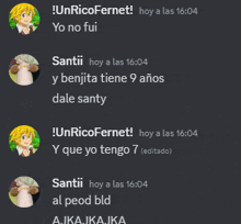 a screenshot of a discord conversation between santii and unrico fernet