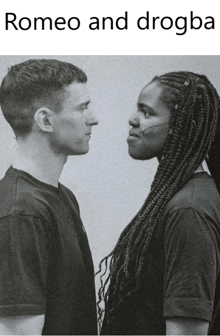 a black and white photo of a man and a woman looking at each other with the words romeo and drogba above them