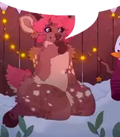 a cartoon drawing of a deer with pink hair sitting in the snow