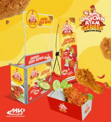 an advertisement for jagoan ayam geprek shows fried chicken and vegetables on a yellow background