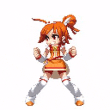 a pixel art of a girl in an orange dress and white socks standing in a fighting pose .