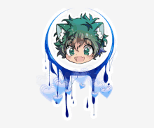 a drawing of a boy with a cat ear and green hair