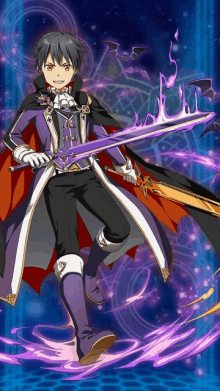 a man in a purple cape holding a sword