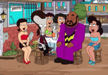 a group of cartoon characters are gathered outside a taco restaurant