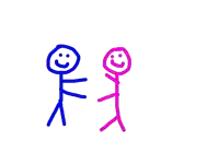 a blue stick figure and a pink stick figure are standing next to each other on a white background