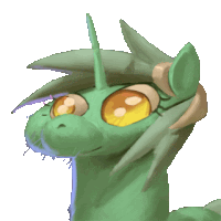 a drawing of a green pony with yellow eyes and a horn