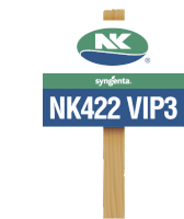 a sign for syngenta nk422 vip3 is on a wooden post