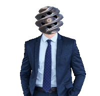 a man in a suit and tie has a sculpture instead of his head