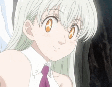 a girl with white hair and orange eyes is wearing a white shirt and a purple tie