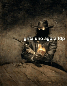 a painting of a man holding a gun with the words grita uno agora fdp on the bottom