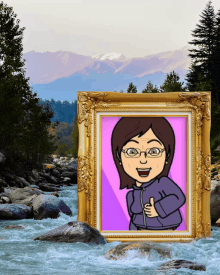 a picture frame with a cartoon of a woman in front of a river with mountains in the background