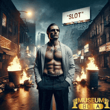 a shirtless man is standing in front of a billboard that says " slot "