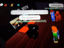 a screenshot of a video game asking people to vote for gregory