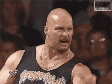 a bald man wearing a black tank top with the word stone cold written on it is standing in front of a crowd .