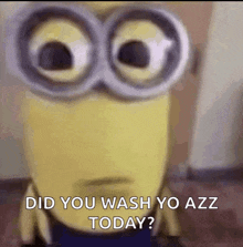 a close up of a minion wearing glasses with the words `` did you wash yo azz today '' .