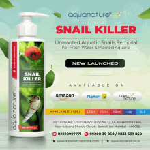 a bottle of aquanature snail killer is shown on a green background