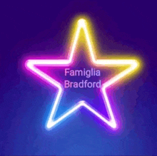 a neon star that says famiglia bradford on a blue background