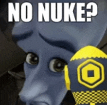 a cartoon character with a yellow egg and the words `` no nuke '' on it .