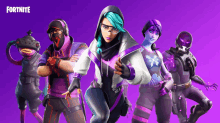 a group of fortnite characters are standing together on a purple background