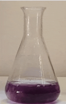 a beaker filled with a purple liquid on a table .