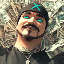 a man in a black hat with a blue x on it is laying on a pile of money