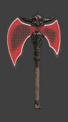 a 3d model of a demon axe with red wings and horns on a black background .