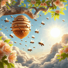 a beehive hanging from a tree branch with bees around it