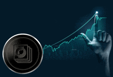 a hand is pointing at a graph with a coin in front of it