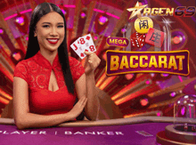 a woman in a red dress holds a pair of cards in front of a baccarat sign