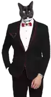 a man in a tuxedo with a cat 's head