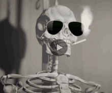 a skeleton wearing sunglasses is smoking a cigarette and playing a video