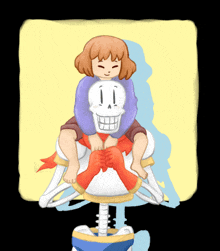 a cartoon drawing of a girl riding on the back of a skeleton