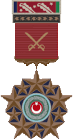 a medal with two crossed swords and a crescent moon on it