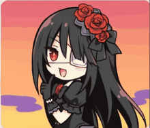 a girl with long black hair and roses in her hair