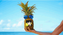 a person holding a pineapple with a picture of a boy on it