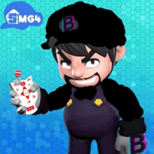 a cartoon character is wearing a black hat and overalls and holding a playing card .