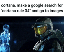 a screenshot of a video game with the caption " cortana make a google search for cortana rule 34 " and go to images