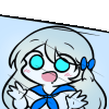 a cartoon girl with white hair and blue eyes is wearing a blue sash and a blue bow .