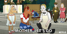 a cartoon says mother let 's go with a man kneeling down