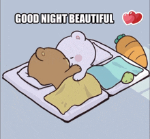 a cartoon of two teddy bears laying on a bed with the words good night beautiful above them