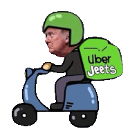 a cartoon of donald trump riding an uber jeet scooter