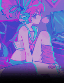 a colorful drawing of a girl sitting in front of a laptop