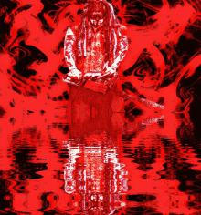 a painting of a man with dreadlocks standing in the water with a red background