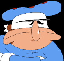 a pixel art drawing of a cartoon character with a blue hat