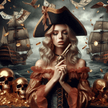 a woman in a pirate costume holds a gun in front of ships and skulls