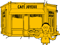 a cartoon drawing of a cafe joyeux