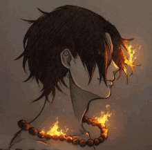 a drawing of a man with fire in his hair and a necklace of fire beads around his neck .